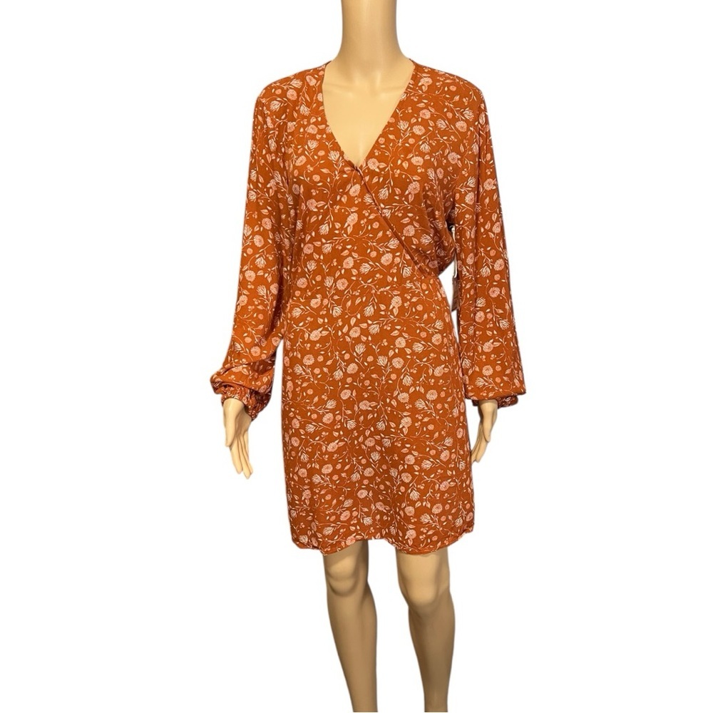 a.n.a Rust Floral Long Sleeve Faux Wrap Boho Dress Size S